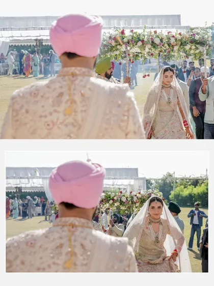 The bride's grand entrance under a floral canopy, as the groom awaits. This shot builds a sense of anticipation and highlights a key emotional moment of the wedding day.