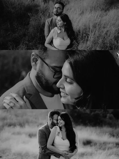 A three-panel black and white collage capturing intimate and happy moments between a couple in a field, focusing on their smiles and embraces.