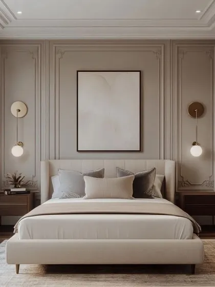 A bright and airy bedroom with a classic feel, featuring light grey wall molding and a coffered ceiling. The space is elegantly styled with modern globe sconces, a neutral color palette, and simple, clean-lined furniture.