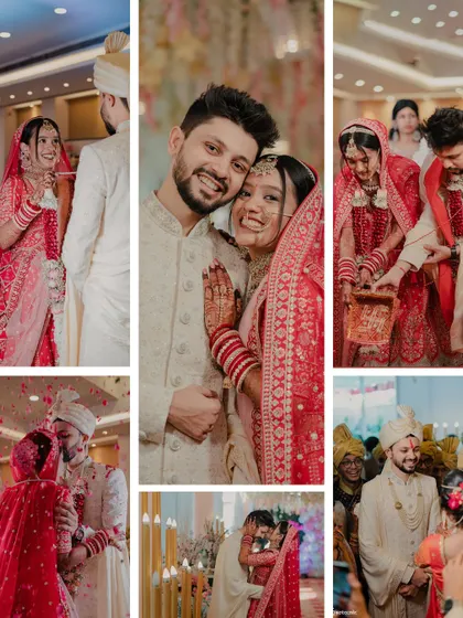 A collage of wedding day memories. From the central portrait of the happy couple to the candid moments from the ceremony, this collection tells the story of their beautiful day.