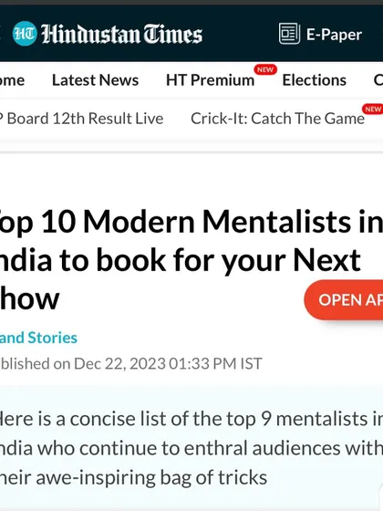 A screenshot from a Hindustan Times article listing me among the "Top 10 Modern Mentalists in India to book for your Next Show."