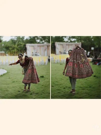 A diptych showing the bride playfully carrying her wedding lehenga across the lawn.