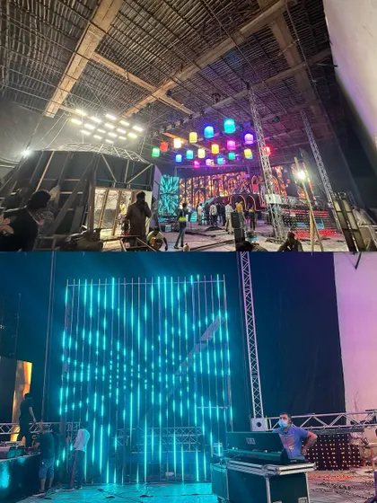 Behind the scenes of the Netflix series 'Jewel Thief'. This collage shows the vibrant, colorful lighting we designed for the song 'Jaadu', including a large array of hanging lanterns.