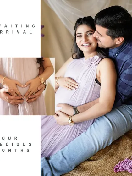 A beautifully designed collage with text overlays like "Awaiting Arrival," capturing the sweet anticipation of the parents-to-be.