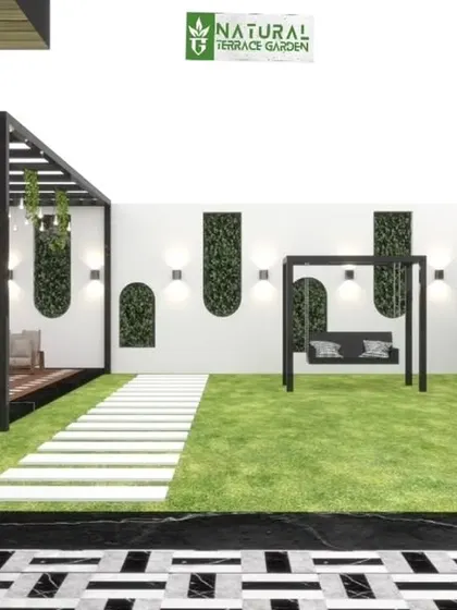 A proposed layout for a multi-zone terrace in Najafgarh. The design includes a pergola with seating, a central lawn with a swing, and a separate area with planters and wall-mounted greenery.