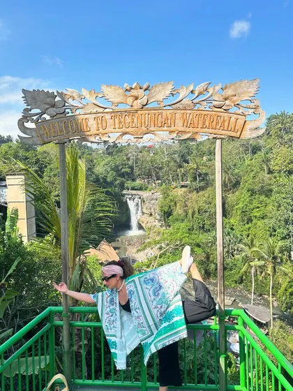 A moment of joy and balance at the Tegenungan Waterfall in Bali. Travel and yoga go hand in hand for me, always seeking to cleanse my energy.