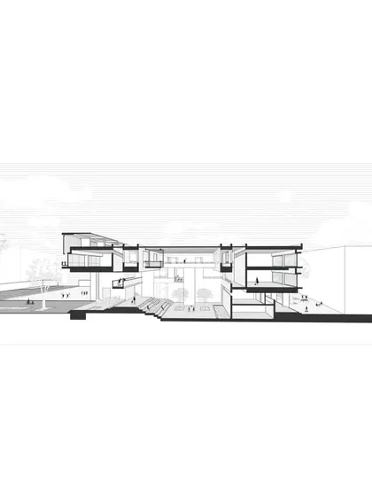 A full cross-section of the Brilliant National School, showing the central, multi-level courtyard that acts as the heart of the school.