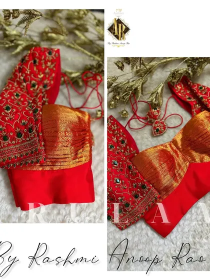 A classic red bridal blouse with green kundan work on the sleeves. The bust is made from a rich brocade fabric, and the blouse is finished with matching custom latkans.