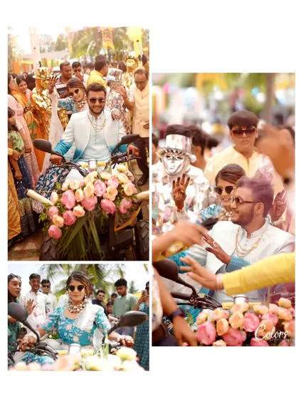 A collage showcasing a cool baraat entry on a decorated motorcycle, capturing the groom's stylish arrival and the bride taking the wheel.
