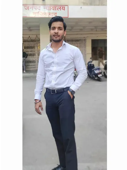 A full-length shot in my professional attire outside the Ghaziabad district court, ready for the day's proceedings.