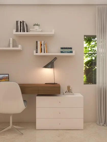 A minimalist study nook featuring a floating wooden desk and simple white wall shelves. This design is perfect for small spaces, providing a functional work area without overwhelming the room.