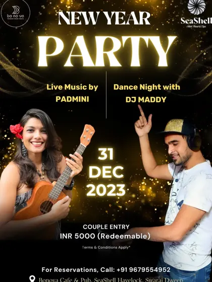 This New Year's Party poster from SeaShell resort shows my experience with destination events, bringing the celebration to beautiful and unique venues.