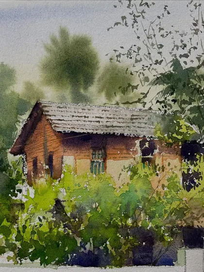 A quiet, rustic house surrounded by overgrown bushes, painted in watercolor to evoke a sense of peace and solitude.