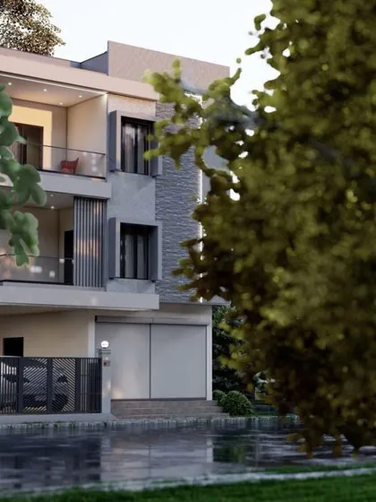 A 3D render of a modern home nestled among trees. This design emphasizes harmony with the natural surroundings, featuring large windows that bring the outdoors in.