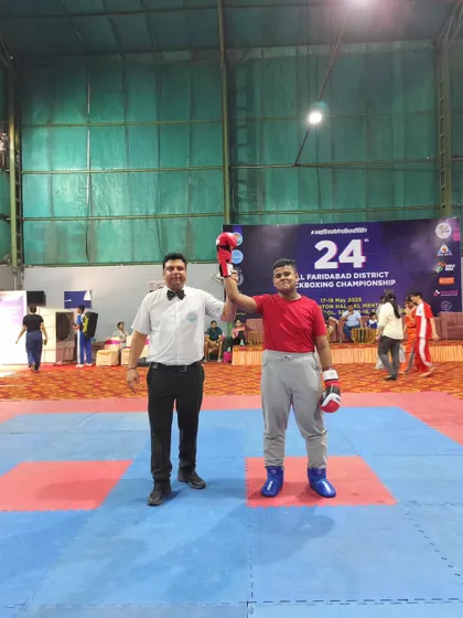 Victory is earned. Another one of our fighters is declared the winner in his category, showcasing the effective striking techniques honed at our academy.