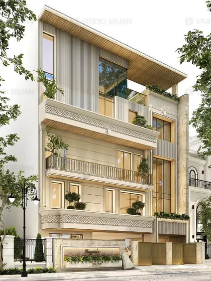 An angled view of the Naraina Vihar project, showing how the design wraps around the corner and the depth of the balconies.