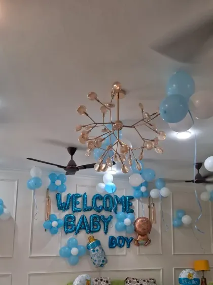 Another angle of the "Welcome Baby Boy" room decoration, showing the balloon arrangement on the ceiling and walls.