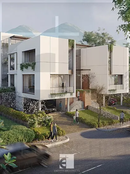 The exterior 3D visualization for a modern bungalow scheme in Kune Village, Lonavala. Designed as holiday homes, these stilt-plus-two-floor structures are nestled in nature, featuring clean geometric forms and extensive glazing to connect residents with the scenic surroundings.