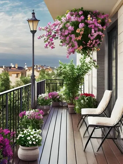 A charming balcony with a classic lamppost and beautiful flowering plants. The simple folding chairs and wooden deck make it a lovely and romantic spot.