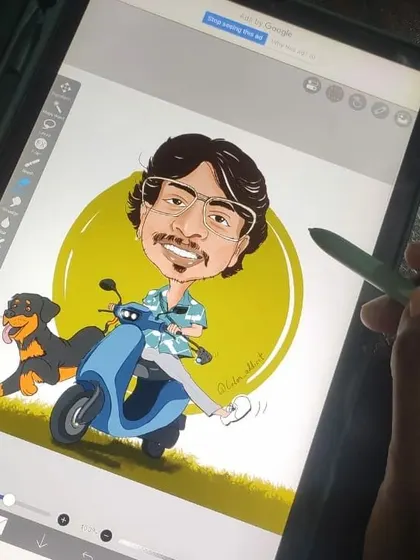 Here’s a look at my workspace, showing the digital caricature being created on a tablet. This behind the scenes view shows how I use a stylus to draw and color the piece, just like traditional art.