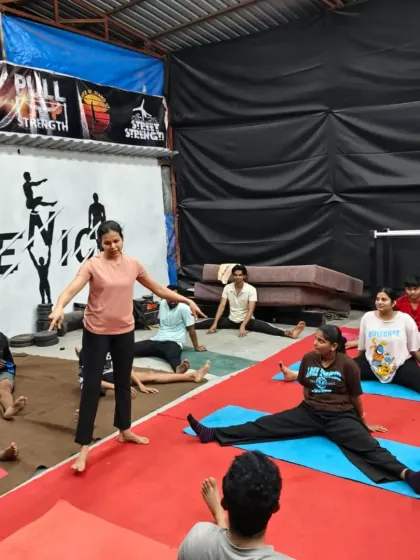 Another angle of our group flexibility class, showing the focus and dedication of our members to improving their mobility.