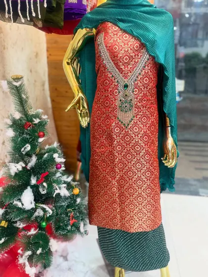 My "Ishq wala suit". This red Banarasi suit with a green dupatta and a statement neckpiece is perfect for the festive season, especially Christmas.