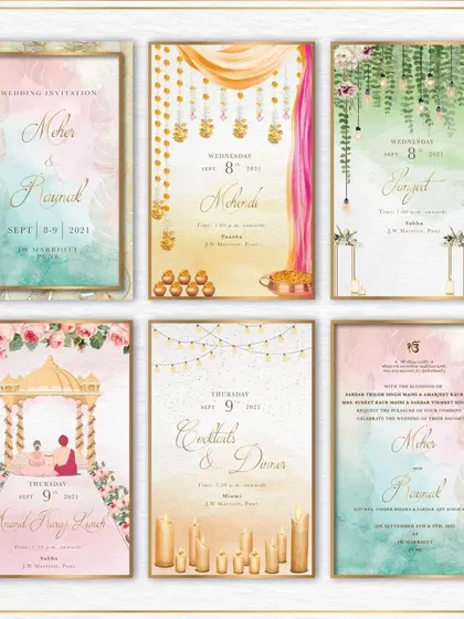 A beautiful set of digital invitations where each card captures the essence of the event. The designs range from a traditional Anand Karaj setup to a candlelit cocktail party, all tied together with a soft, painterly style.