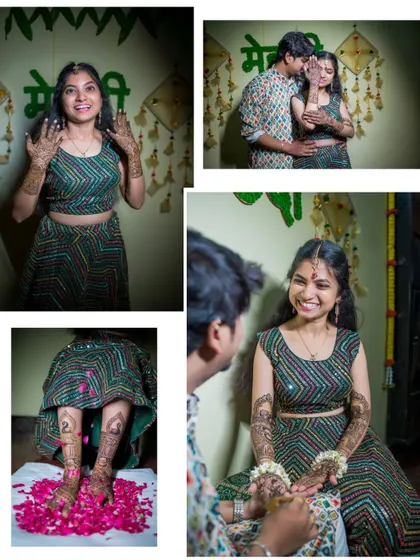 A collage capturing the fun and romance of a mehendi ceremony, from the bride showing off her henna to a sweet moment with her groom.