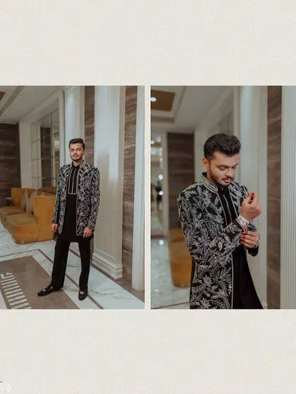 A diptych of the groom, showing him getting ready and posing in his Sangeet attire.
