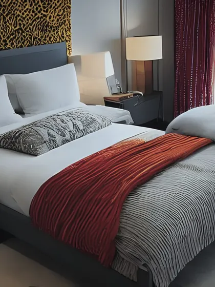 A bedroom that plays with color and texture. The vibrant red blinds and orange throw blanket add a pop of energy, while the leopard print artwork and patterned bedspread create an eclectic and personalized feel.