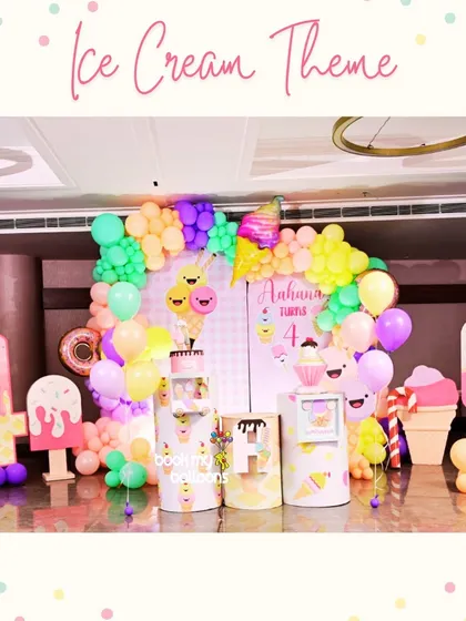 We served up some sweet fun for Aahana's fourth birthday with this ice cream theme. The decor was a delicious mix of pastel colors, with ice cream cone and popsicle props, and a sprinkle-filled balloon garland.