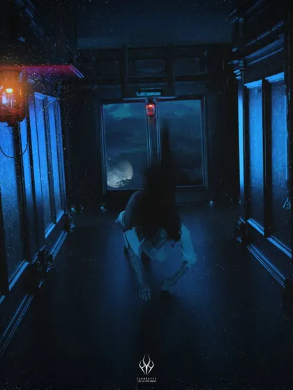 Another angle from the "Crawl" series, this time showing a figure crawling on the floor. The low angle and dark corridor create a claustrophobic feeling, as if the viewer is trapped with the entity.