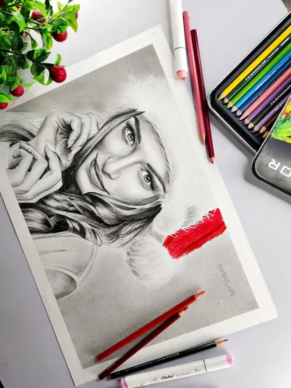 A festive portrait created for Christmas. This piece combines a detailed graphite drawing with a pop of red from colored pencils on the Santa hat, creating a fun, mixed-media effect.
