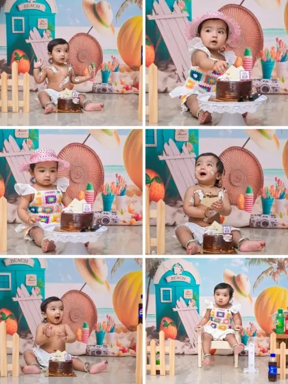 This multi-panel collage captures the full range of a beach-themed cake smash, showing different angles, expressions, and all the fun of the seaside setup.