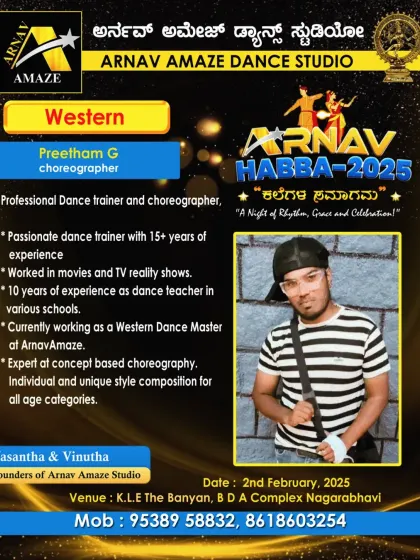 A promotional poster for our Annual Day, highlighting our Western dance choreographer, Preetham G.