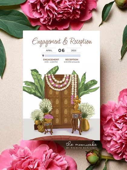 This engagement and reception invite features traditional South Indian decor elements like banana leaves, flower garlands, and brass lamps. It sets a warm, welcoming tone for the wedding festivities.