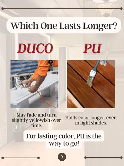 PU or DUCO paint? This graphic explains the difference in longevity. PU holds its color longer and won't yellow over time, making it the superior choice for a lasting finish.