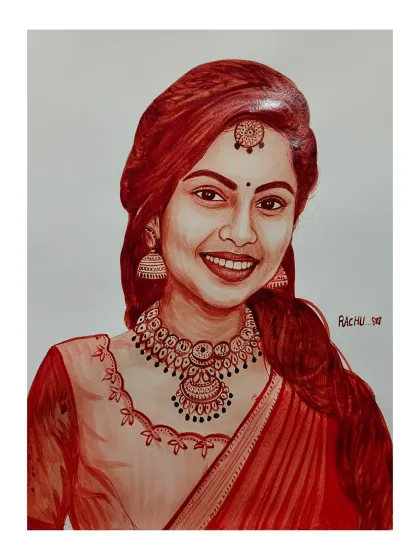 This custom blood portrait highlights the intricate details of traditional Indian jewelry and attire. Each element is carefully painted to create a stunning and realistic effect.