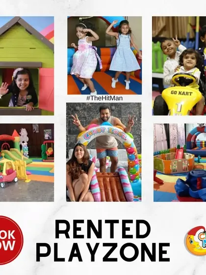 Another look at the fun we had setting up a playzone for Rohit Sharma's family. This collage shows his daughter and her friends enjoying the playhouse, go-kart, and bouncy castle.