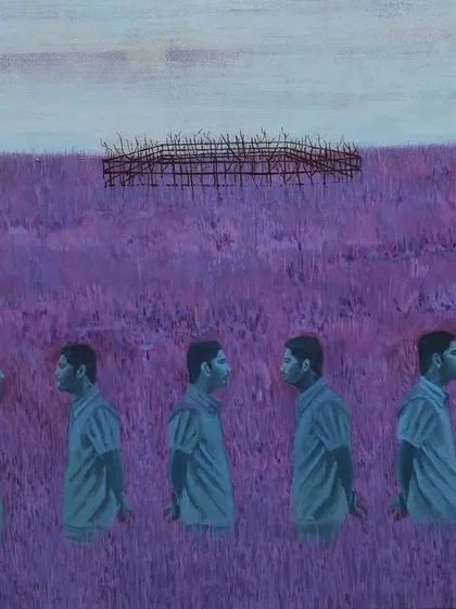 An untitled acrylic on canvas painting by Raghu Kondur, showcasing his surreal style that often features repeating figures in vast landscapes.