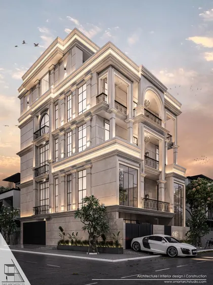 A similar neoclassical proposal for Vikaspuri, viewed from a different angle to show the depth and detailing of the window frames and cornices.