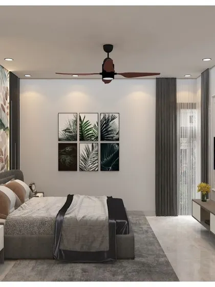 A 3D render of a bedroom with a tropical wallpaper feature wall, a dark grey bed, and a simple floating TV console.