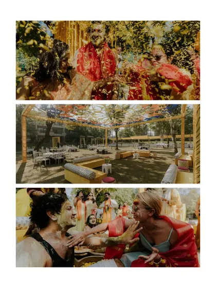 This collage captures the full scope of a vibrant outdoor Haldi, showing the decor, the guests, and the messy, happy moments of the couple.