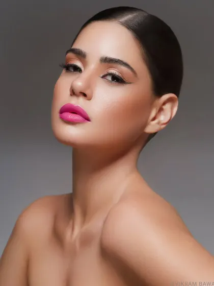 A classic beauty shoot with a focus on clean skin and bold makeup. The simple grey background ensures the subject is the complete focus.