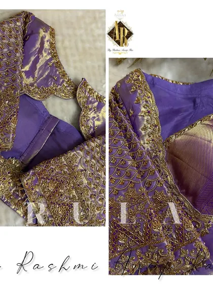 This lavender blouse is a perfect example of heavy bridal work. The entire surface is covered in a dense grid pattern of zardosi embroidery, creating a beautifully rich and royal look.