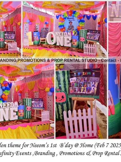 This Cocomelon first birthday at home is full of color and joy. The setup, framed by traditional tent decorations, includes a character backdrop, a "ONE" table, and a detailed milestone board, making it a festive and personal celebration.