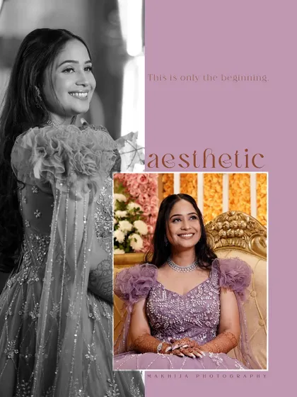 A collage celebrating the bride, Ritika, at her Sagan ceremony. The mix of a candid black and white photo with a smiling color portrait captures her personality beautifully.
