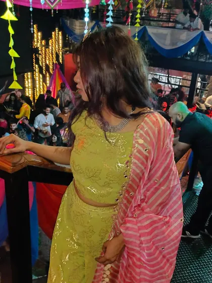 Looking out at the crowd during the Navratri dandiya event. The whole venue was decorated and the energy was incredible.