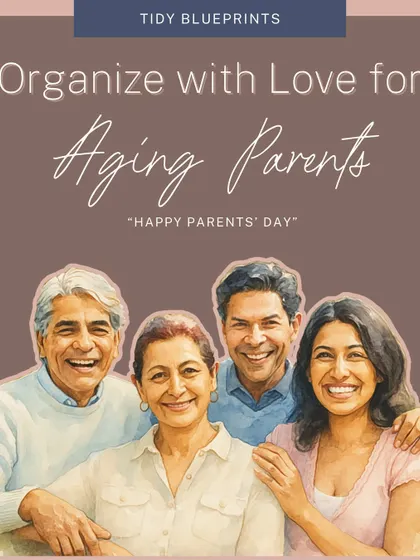 Organizing for aging parents is an act of love. This carousel shows simple, impactful changes like using color codes and large-font labels to make their home safer and more comfortable.