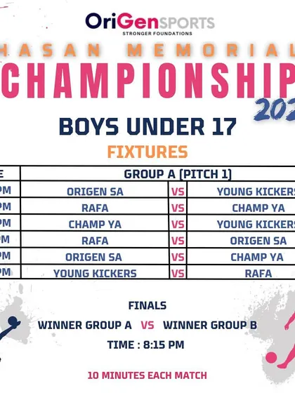 The detailed fixture list for Group A of the Boys U17 category, featuring our own OriGen SA team.